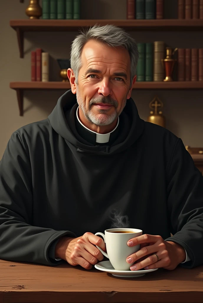 creates an image of a slightly bald and beardless Jesuit drinking Colombian coffee

