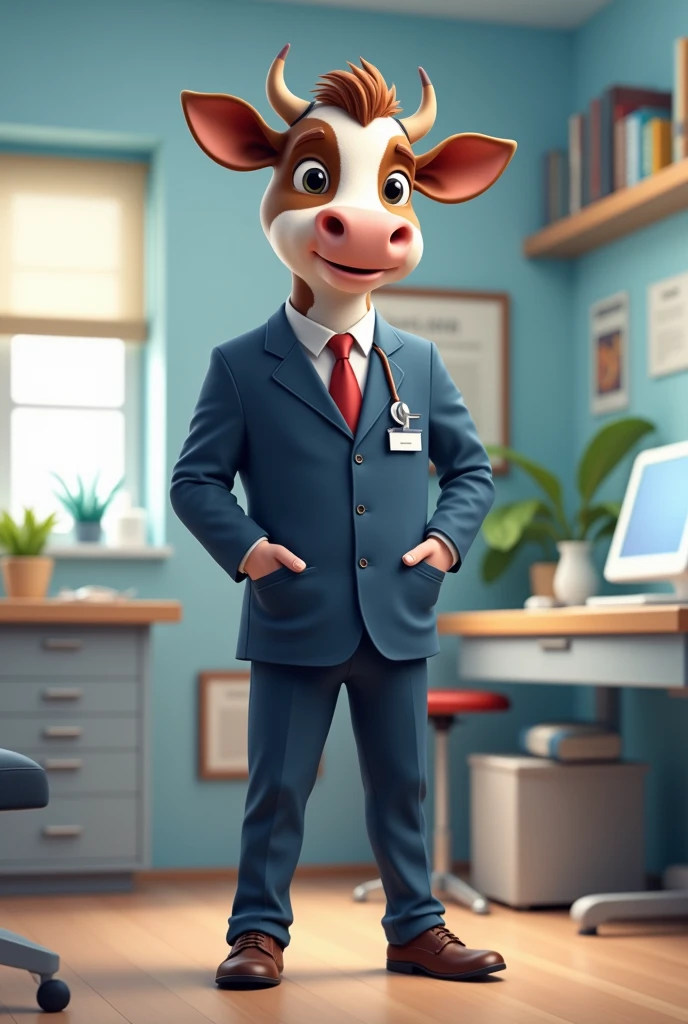 Design of an animated cow who is a physiotherapist, without a duster and navy blue clothes that look masculine 