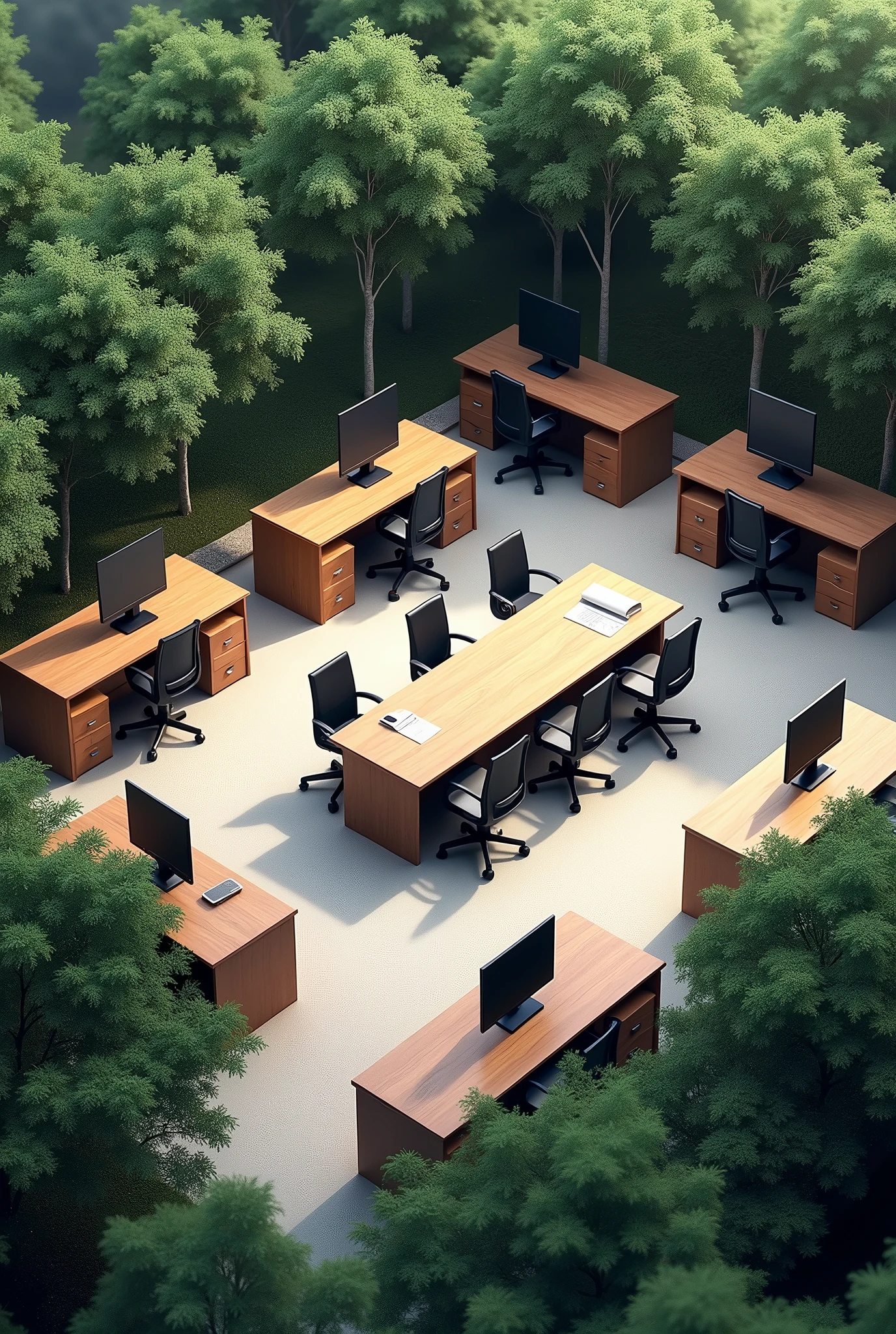 I need an office with an isometric plan.
15 individual wooden tables with dark varnish and a large table at the beginning of the image.
With the tables I also need 15 black chairs.
And with the tables I also need 15 gray computers.
I need an office with lots of trees.
And no people in the picture 