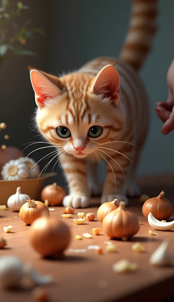 A cat intently watching onions and garlic scattered on a kitchen counter. The owner’s hand is seen moving in to clean up the vegetables, indicating a sense of urgency to protect the cat.