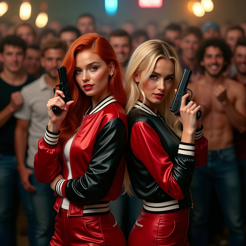 wide depth of field, wide depth of focus, f/11 lens setting, all objects in focus, full color image, 2 laughing women standing back to back, posing with pistol held strait up by face, looking at camera ,large fraternity house game room, full body image, (two tone red and black short cropped satin bomber jackets with white trim, shiny satin pants), women posing with a pistol held up by face, long flowing hair (one redhead, one blonde) , confidant smile, pure form, intricate details, 8K post-production, high resolution, super detailed, Popular topics on Artstation,, Studio photos, intricate details, Very detailed, she stands in the middle of the room and she is surrounded by a large (all male) group of cheering young men wearing jeans and t-shirts who are all standing behind the women and looking at the women