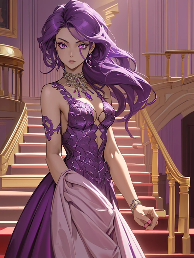 a high resolution, 1 girl, long hair, purple hair, looks at the viewer, Jewelry, purple eyes, earrings, red ball gown, Shine, luxury staircase background, dynamics