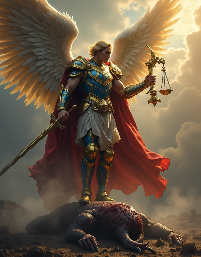 ANGEL WITH SHORT BLONDE HAIR WITH LARGE WINGS, GOLDEN AND BLUE ARMOUR AND RED CAPE WITH SWORD IN RIGHT HAND POINTING TOWARDS THE HEAD OF A MUSCULAR HUMANOID DEMON WITH HORNS, BATTLE-WOUNDED, BADLY WOUNDED ON THE GROUND. THE ANGEL STEPS ON HIS HEAD WITH GREAT STRENGTH AND WITHOUT MERCY. IN HIS RIGHT HAND HE HAS A GOLDEN SCALE.. DARK APOCALYPTIC SCENARIO WITH DIVINE LIGHT DESCENDING FROM THE HEAVENS TOWARDS THE 8K HYPERREALISTIC ANGEL SUPER DETAILED EPIC ATMOSPHERE