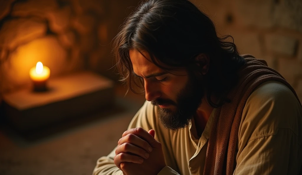 /imagine prompt: Jesus in quiet contemplation, eyes closed in prayer, peace, connection, spirituality, simple candlelit room with rough-hewn furniture, mood of intimate spiritual moment, lifelike detail on hands clasped in prayer and beard texture, soft, warm candlelight illumination, rich shadows with golden highlights, Fujifilm GFX 100S medium format for incredible detail, 110mm portrait lens, close-up focus on face and hands, --ar 1:1 --v 6 --chaos 35 --stylize 250 --weird 350 --quality 1 --style raw
