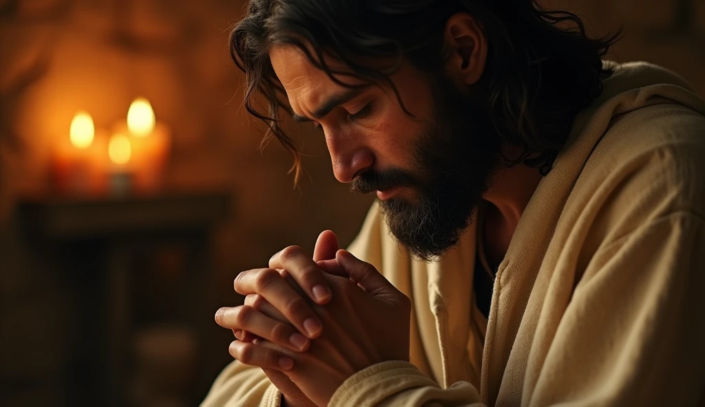/imagine prompt: Jesus in quiet contemplation, eyes closed in prayer, peace, connection, spirituality, simple candlelit room with rough-hewn furniture, mood of intimate spiritual moment, lifelike detail on hands clasped in prayer and beard texture, soft, warm candlelight illumination, rich shadows with golden highlights, Fujifilm GFX 100S medium format for incredible detail, 110mm portrait lens, close-up focus on face and hands, --ar 1:1 --v 6 --chaos 35 --stylize 250 --weird 350 --quality 1 --style raw