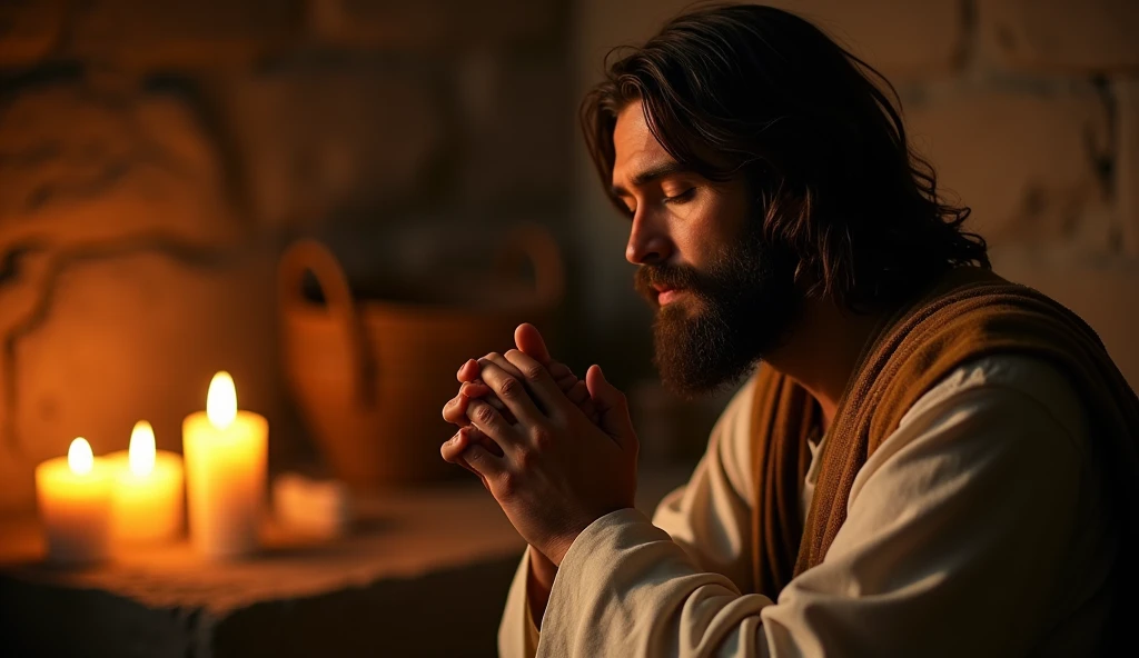/imagine prompt: Jesus in quiet contemplation, eyes closed in prayer, peace, connection, spirituality, simple candlelit room with rough-hewn furniture, mood of intimate spiritual moment, lifelike detail on hands clasped in prayer and beard texture, soft, warm candlelight illumination, rich shadows with golden highlights, Fujifilm GFX 100S medium format for incredible detail, 110mm portrait lens, close-up focus on face and hands, --ar 1:1 --v 6 --chaos 35 --stylize 250 --weird 350 --quality 1 --style raw