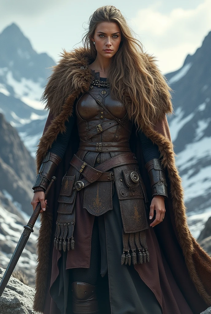 photorealistic illustration of a female Viking warrior wearing a brown bearskin cloak