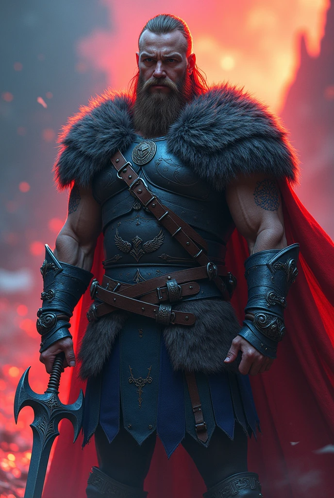 Create an image that can inspire confidence with reddish tones with a subtle mix of blue and pink tones with a Viking warrior






