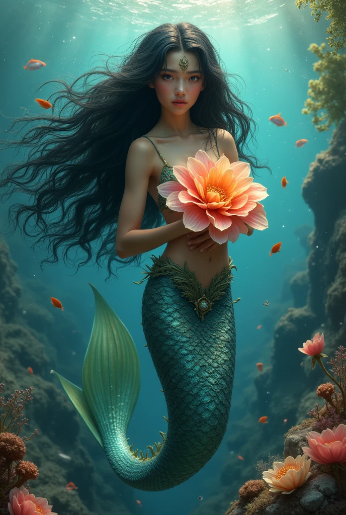 mermaid, black hair, swimming in the seas with a big flower in her hands, looking at the camera