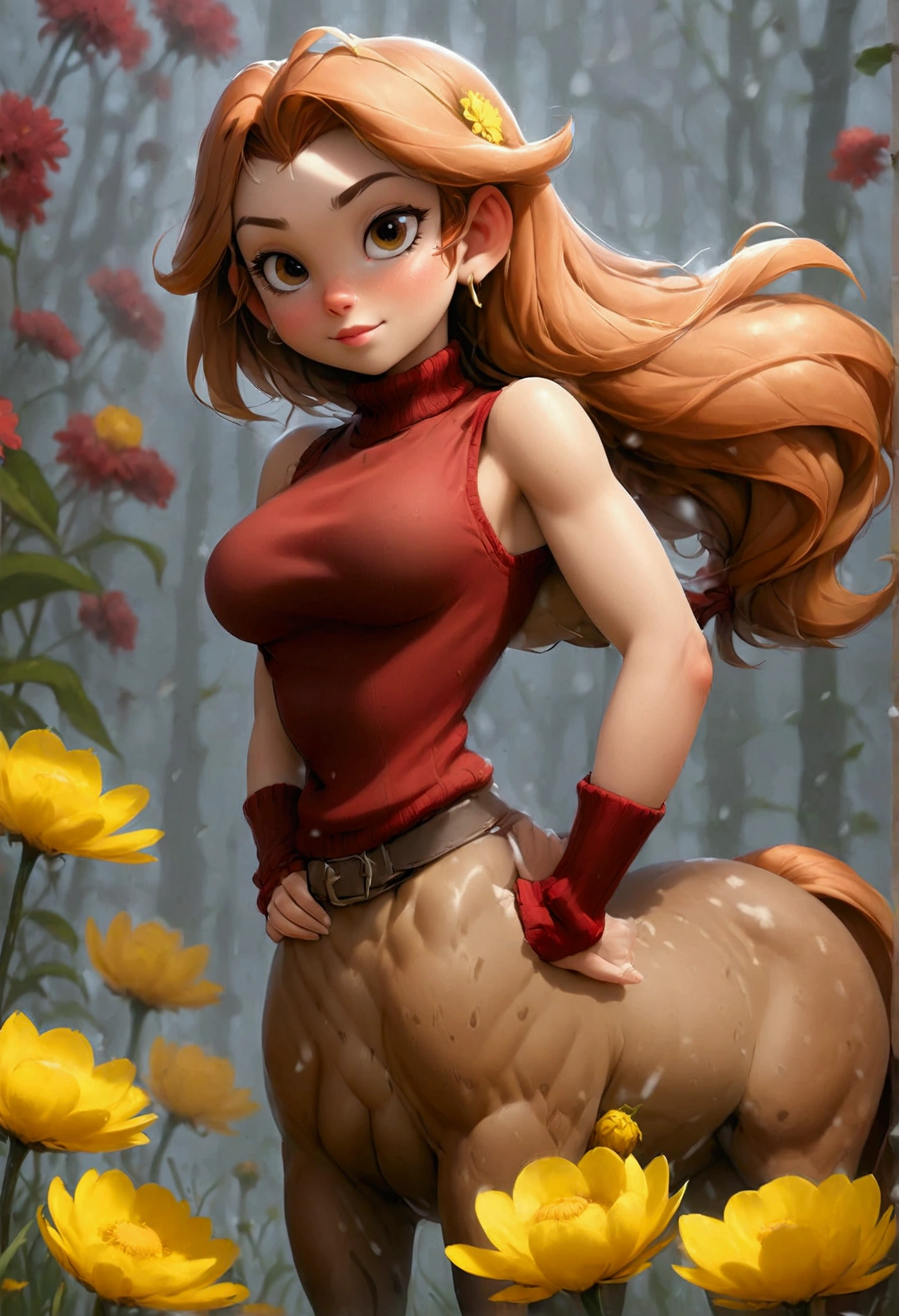 fictional character, female centaur, lower body, solo, 1girl, luxury sleeveless turtleneck tops, fingersmile, own hands together, foggy atmosphere, Craspedia \(flower\), floral background, gigantic breasts, from side, full body shot