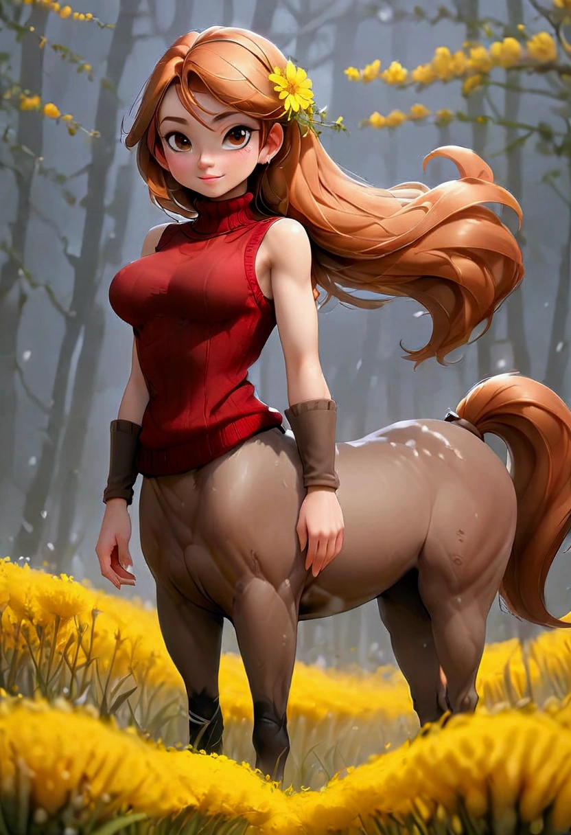fictional character, female centaur, lower body, solo, 1girl, luxury sleeveless turtleneck tops, fingersmile, own hands together, foggy atmosphere, Craspedia \(flower\), floral background, gigantic breasts, from side, full body shot