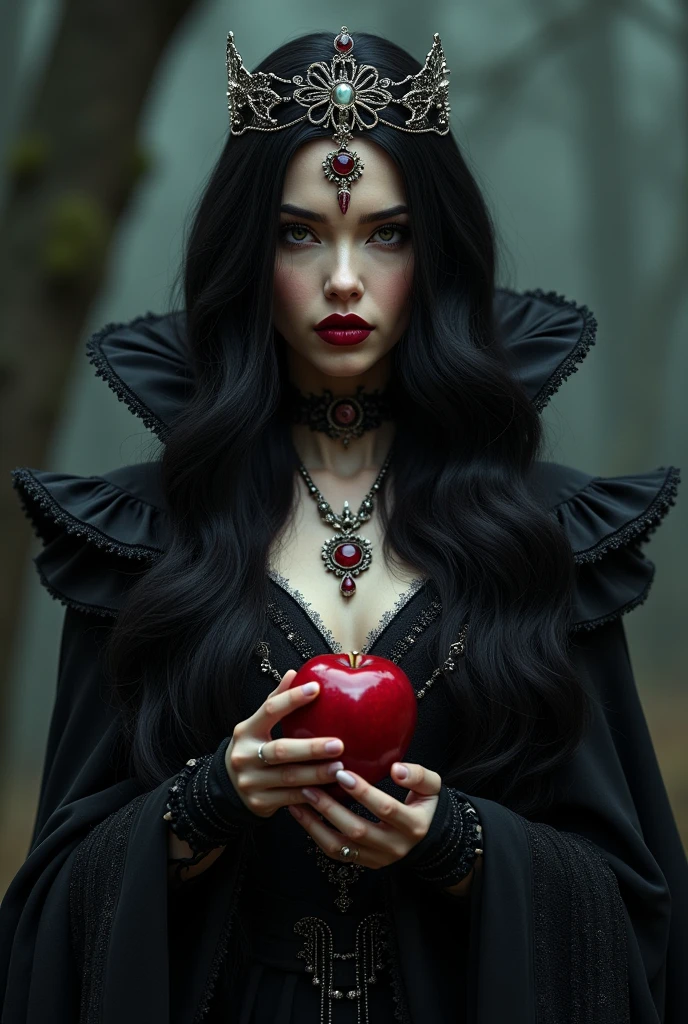 Kizi,black hair long,RAINHA NEGRA,Accessories,apple in hand,poisonous apples,Witch Queen,red lipgloss stick