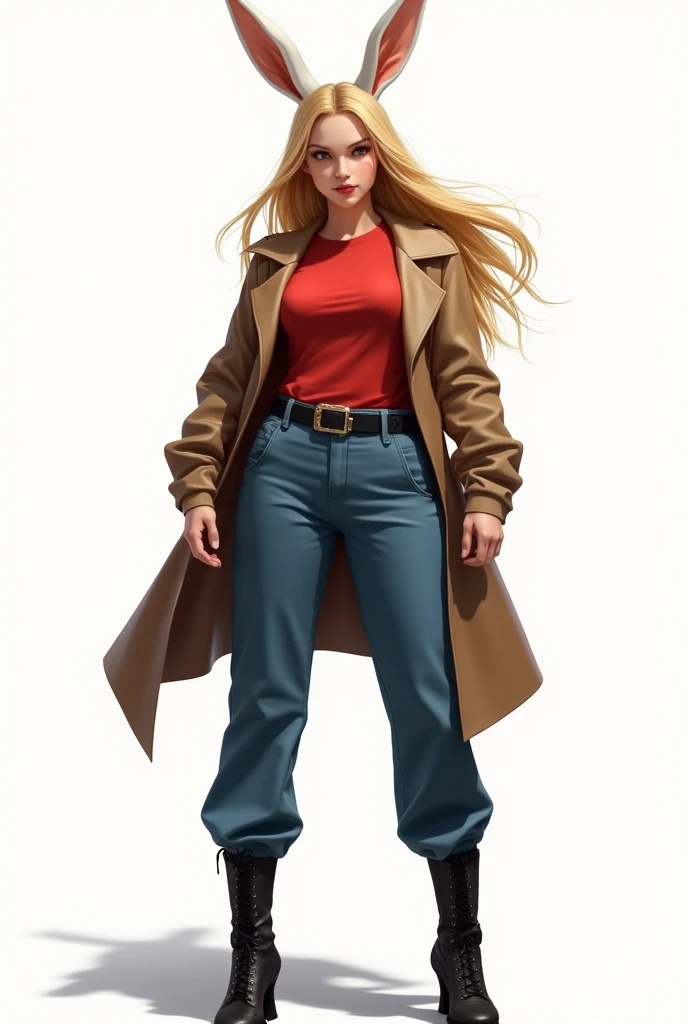 Realistic style brown and white bunny girl with long yellow hair and red t-shirt and brown coat and blue pants and black boots with epic pose on a white background