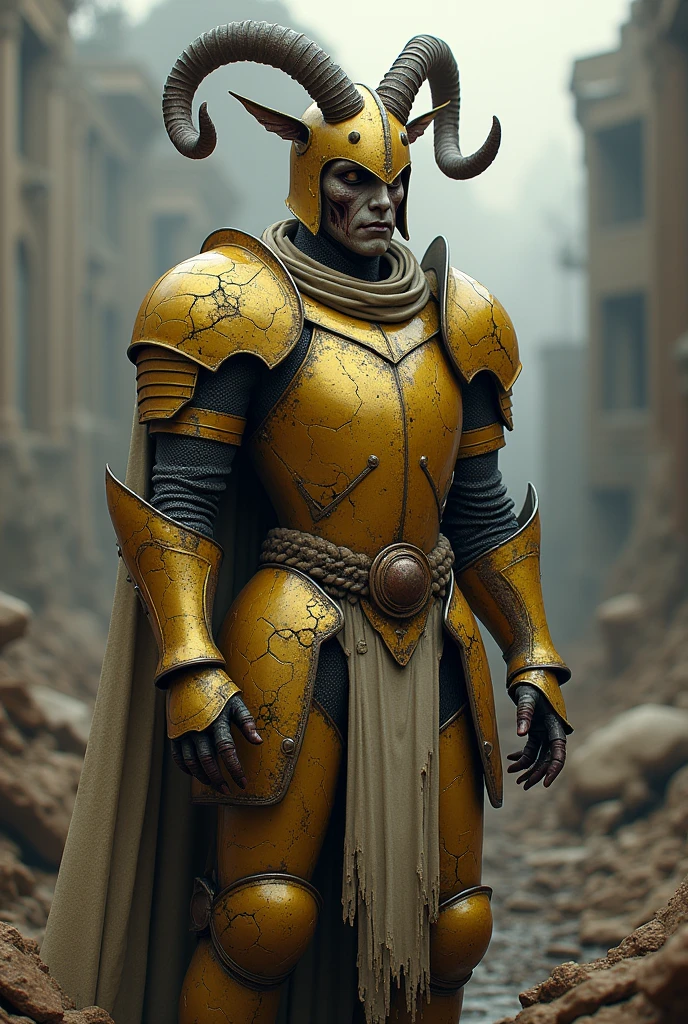 Create a realistic image of a Knight of the Zodiac with the Golden Armor of Aries, turned into a zombie in an apocalyptic situation. The armor must be golden, but worn and deteriorated, with scratches, cracks and signs of corruption, to reflect the character's zombie nature. Add details like corroded and rusted armor parts, and a general appearance of decay. The helmet must have a grotesque appearance, with the ram's horns damaged and worn. The Knight must have a sinister and disfigured expression, with visible zombie features, like pale skin and empty eyes. The background should be an apocalyptic scenario, with a devastated environment, like a city in ruins, destroyed landscapes and a gloomy atmosphere, to complement the theme of desolation and chaos."