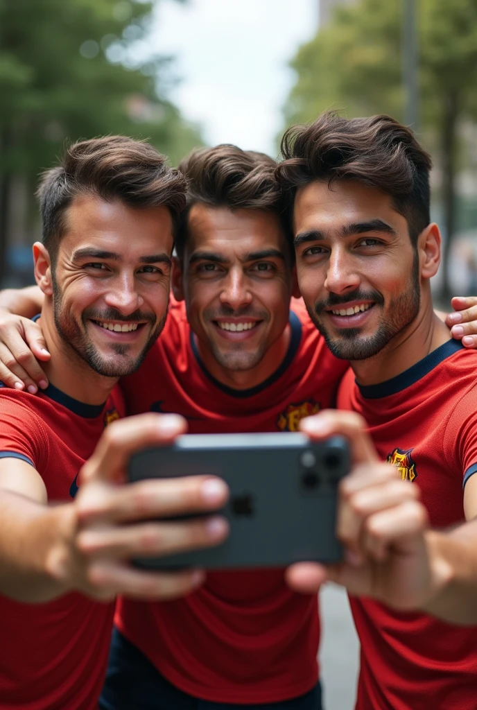 (Photorealism:1.2), 3 man with brown eyes and brown hair taking a selfie with an iPhone wearing a Flamengo shirt 8k ultra-realistic photorealistic super detailed