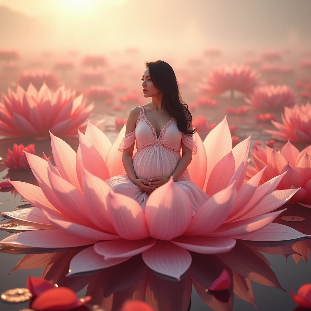full length, black hair pregnant woman sitting in flower , Beautiful face, dress made of red rose petals, Light pink and light white tones, Esbian Full Body, beautiful backgrouond , daylight, Efeito de Luz, Minimalistic, Solar, pure tenderness, soft lighting, Realism. beautiful woman, on a super giant lotus with double and long petals (petals made of thin, soft transparent,streaming, fabrics, full background of flowing petals, floating flower, super flying petals, Smoke effect, Fog, some water reflaciton mixed with petals), lotus dress, ((ss-through)) full length.