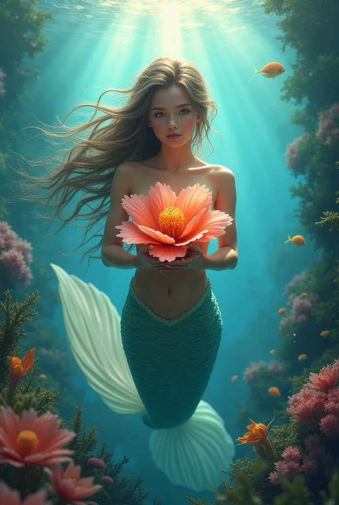 mermaid swimming in the seas with a big flower in her hands, looking at the camera