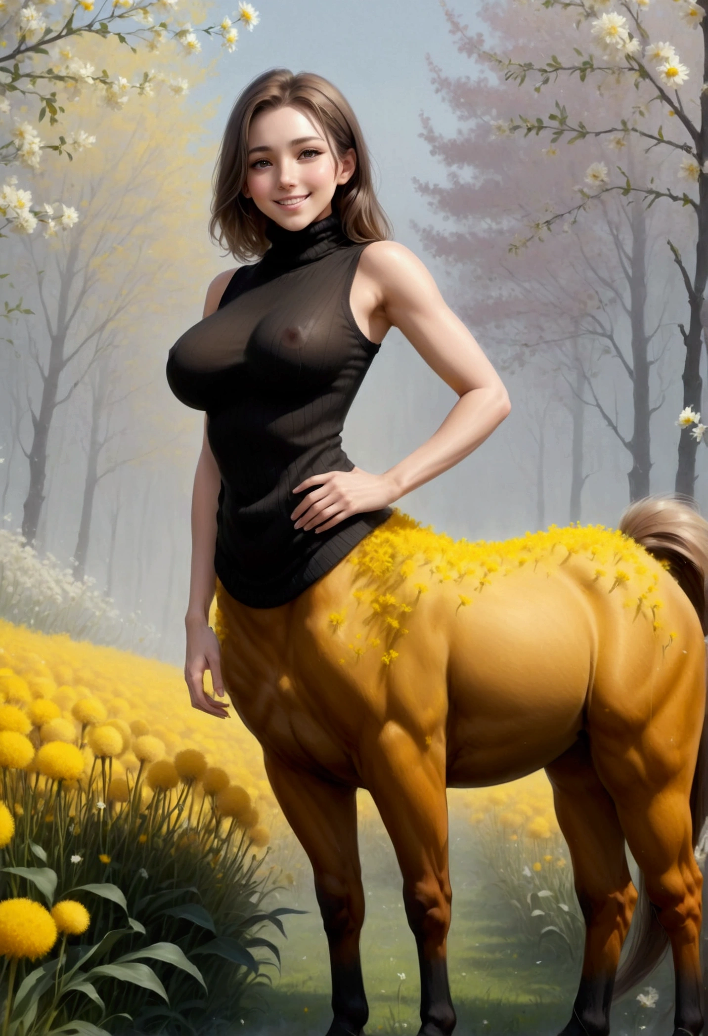 fictional character, female centaur, lower body, solo, 1girl, luxury sleeveless turtleneck tops, fingersmile, own hands together, foggy atmosphere, Craspedia \(flower\), floral background, gigantic breasts, from side, full body shot