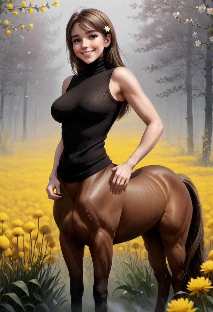 fictional character, female centaur, lower body, solo, 1girl, luxury sleeveless turtleneck tops, fingersmile, own hands together, foggy atmosphere, Craspedia \(flower\), floral background, gigantic breasts, from side, full body shot