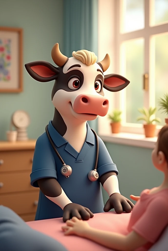 Design of an animated cow who is a physiotherapist, without dust cover and navy blue clothing working in palliative care