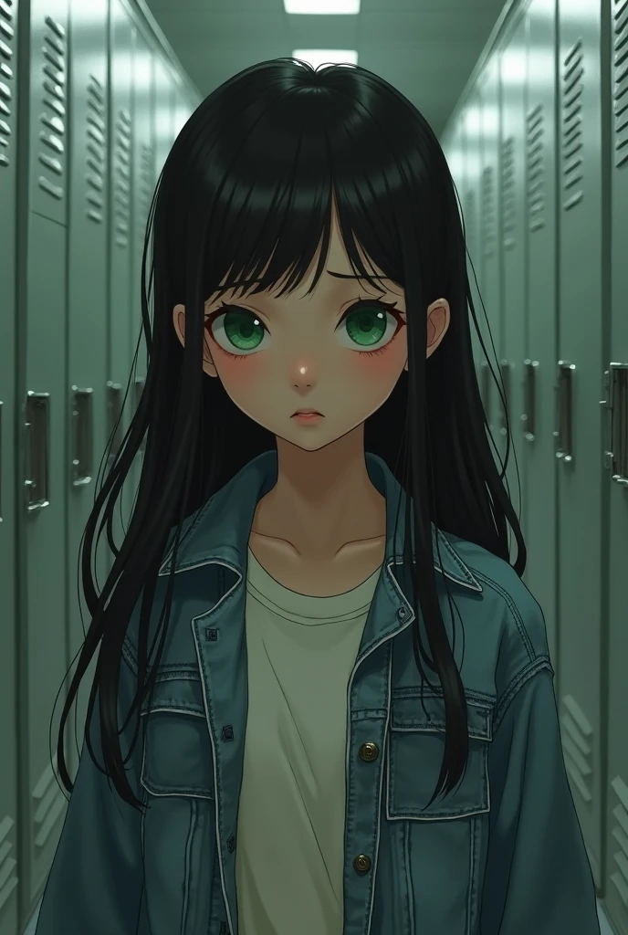 A young girl of about  with long black hair and green eyes and a deig jacket and huge breasts with innocent eyes, with a background of lockers, very tender and scared 
