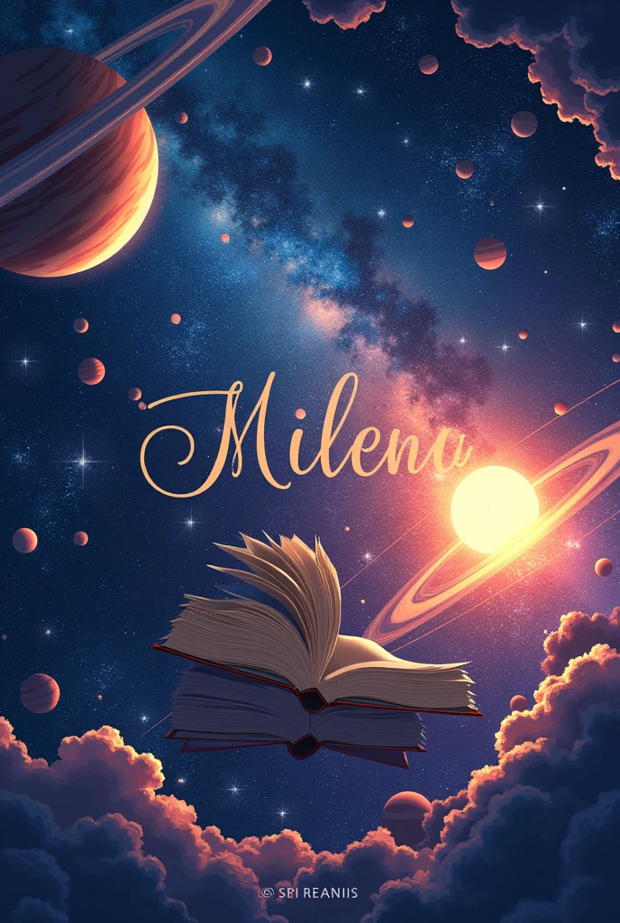 A logo with Milena&#39;s name on an anime-themed book with an image of a solar system