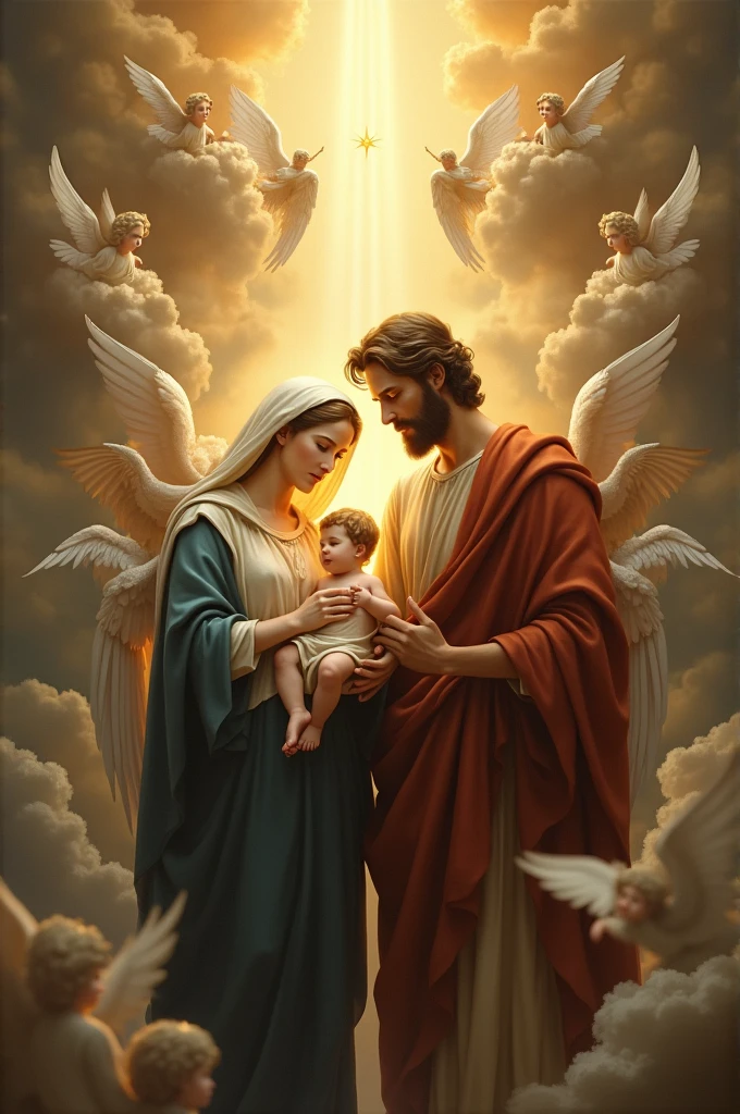 Holy family illuminated by the light of the Holy Spirit and God in heaven, together with the angels