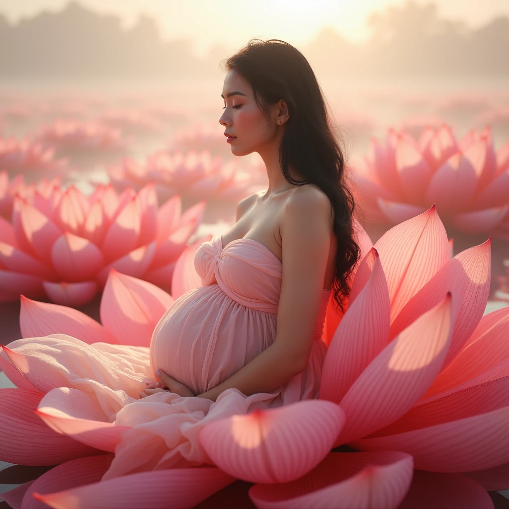 full length, black hair pregnant woman sitting in flower , Beautiful face, dress made of red rose petals, Light pink and light white tones, Esbian Full Body, beautiful backgrouond , daylight, Efeito de Luz, Minimalistic, Solar, pure tenderness, soft lighting, Realism. beautiful woman, on a super giant lotus with double and long petals (petals made of thin, soft transparent,streaming, fabrics, full background of flowing petals, floating flower, super flying petals, Smoke effect, Fog, some water reflaciton mixed with petals), lotus dress, ((ss-through)) full length.