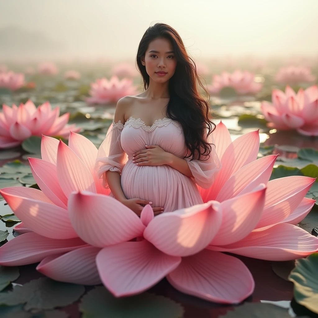  full length, black hair  pregnant woman sitting in flower , Beautiful face, dress made of red rose petals, Light pink and light white tones, Esbian Full Body, beautiful backgrouond , daylight, Efeito de Luz, Minimalistic, Solar, pure tenderness, soft lighting, Realism. beautiful woman,  on a super giant lotus with double and long petals (petals made of thin, soft transparent,streaming, fabrics, full background of flowing petals, floating flower, super flying petals, Smoke effect, Fog, some water reflaciton mixed with petals), lotus dress, ((ss-through)) full length. 