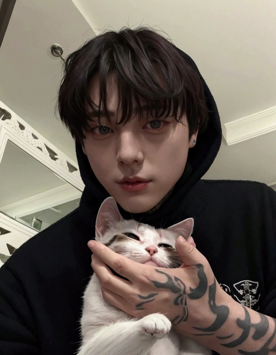 Jungkook bts with a cat on his tattooed hand dressed in a black sweater with black hair