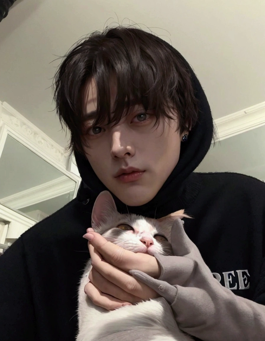 Jungkook bts with a cat on his tattooed hand dressed in a black sweater with black hair