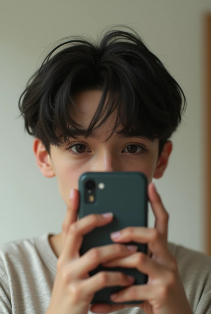 Can you generate an image for me of a handsome 14-year-old boy taking a photo in the mirror and covering his face with the phone? SUPER MEGA IPER ULTRA REALISTIC 1 boy so that his face is barely visible, that he doesn't look so big, that he looks not so big or so small?