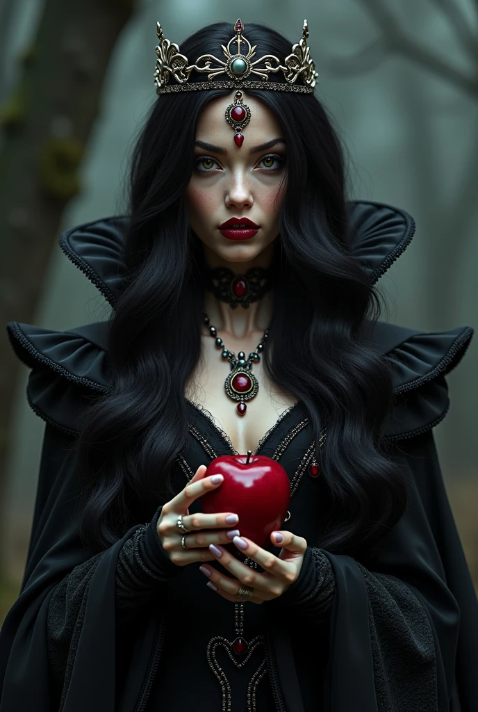 Kizi,black hair long,RAINHA NEGRA,Accessories,apple in hand,poisonous apples,Witch Queen,red lipgloss stick