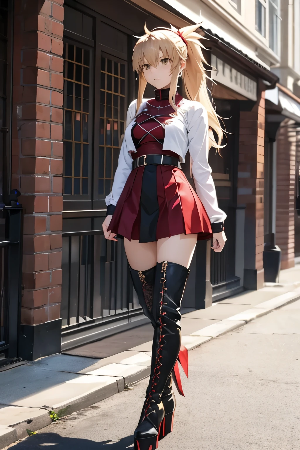 velvet, (red hood, crop top, puffy sleeves, star hat headdress, long skirt, vertical-striped stockings, high heels:1.5), (blonde:1.2), sexy expression, sexy eyes, medium breasts, smile, cute, (breast focus: 1.2), (natural skin texture, hyperrealism), (photorealistic:1.4), (full body:1.5), (full shot:1.2), (realism), (masterpiece:1.2), (best quality), (ultra detailed), (8k, 4k, intricate), (85mm), light particles, lighting, (highly detailed:1.2), (detailed face:1.2), (gradients), colourful, (detailed eyes:1.2), (detailed background), (dynamic angle:1.2), (dynamic pose:1.2), (Line of action:1.2), wide shot, daylight, solo.