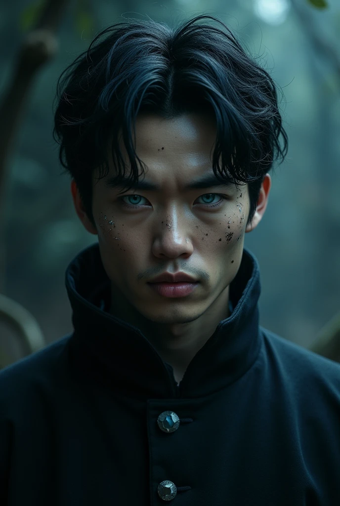 Male, black hair, white moles, blue eyes, asian, dark energy 