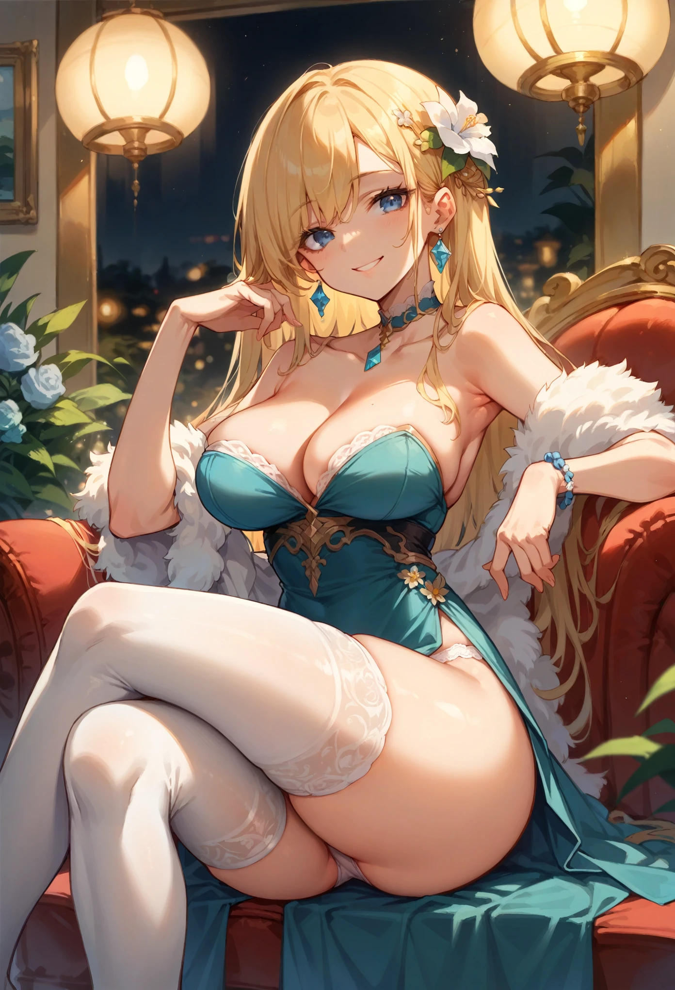 an cartoon painting of a women in underwear on a couch  with lights surrounding her, 1girl, breasts, solo, blue eyes, sitting, large breasts, hair ornament, cleavage, jewelry, thighhighs, flower, looking at viewer, crossed legs, earrings, smile, hair flower, bare shoulders, thighs, white thighhighs, blonde hair, dress, choker