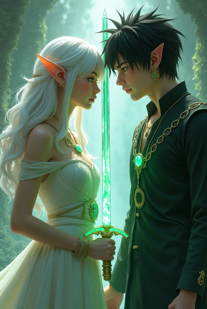 Imagine a girl with long white hair, with green eyes, elf ears and wearing a white crystal necklace, and a boy as if they were in different dimensions, black hair and black eyes, neck length hair straight and spiky wearing a green crystal necklace, she is his older sister, they holding swords