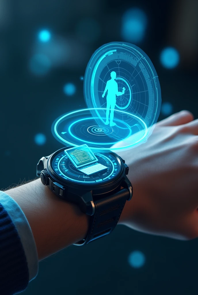 Black smart watch, that a scanner comes out of it that can be seen, and that scanner is blue and a blue, circular hologram comes out, but the watch is on the hand and the figure of a computer appears in the hologram