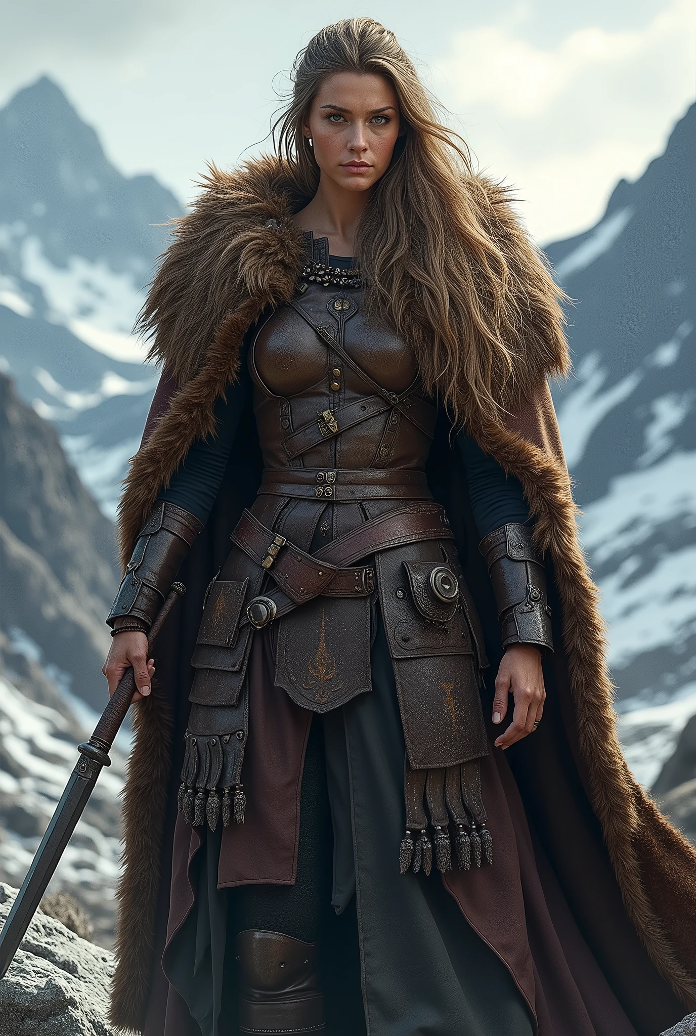photorealistic illustration of a female Viking warrior wearing a brown bearskin cloak