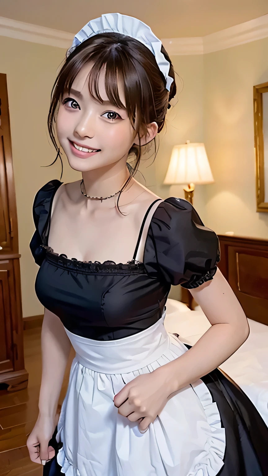 (Highest quality, DSLR photography, 8k, highest quality, high resolution, highest quality, highest resolution, very beautiful woman, perfect anatomy), light brown eyes, very light brown eyes, small diamond-shaped earrings, looking directly at the camera, beautiful brown hair, ((, loosely cute medium ponytail)), very short and beautiful bangs with brown hair, E-cup chest, showing beautiful décolleté, very beautiful 20-year-old, lip gloss, smiling very happily, very cute smile, upper teeth, beautiful teeth, (elegant mansion interior (background only)), slightly larger eyes, small face, tall supermodel, beautifully shaped model, gravure style random cute poses, dynamic angles, eye focus, head tilt, very detailed and realistic, very beautiful 20-year-old, ((medium shot)), sharp jawline, ((black maid outfit)), deep waistline, sexy legs, side view, smiling and laughing very happily, summer afternoon.
