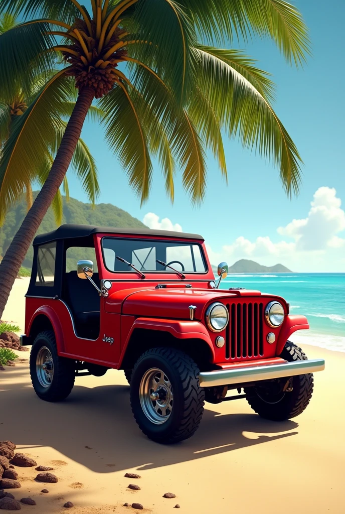old red jeep in excellent condition, Brazilian with beach in the background and coconut trees