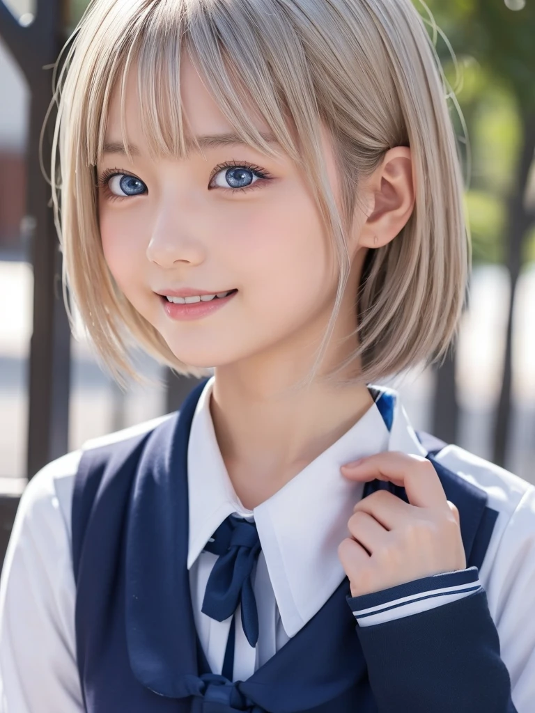 (table top, highest quality:1.2), 8k, 18-year-old, 85mm, official art, RAW photo, absurd, white dress shirt, cute face, close, Upper body,, beautiful girl, school uniform, (navy pleated skirt:1.1), Cinch West, thighs thighs, short sleeve, classroom,ash blonde、 ponytail、short hair、short hair、sit on a bench seat, looking at the viewer, no makeup, (smile:0.4), film grain, chromatic aberration, sharp focus, face light, clear lighting, , detailed face, background bokeh, (dark red tie:1.1)、日本の学校のclassroom、classroom
