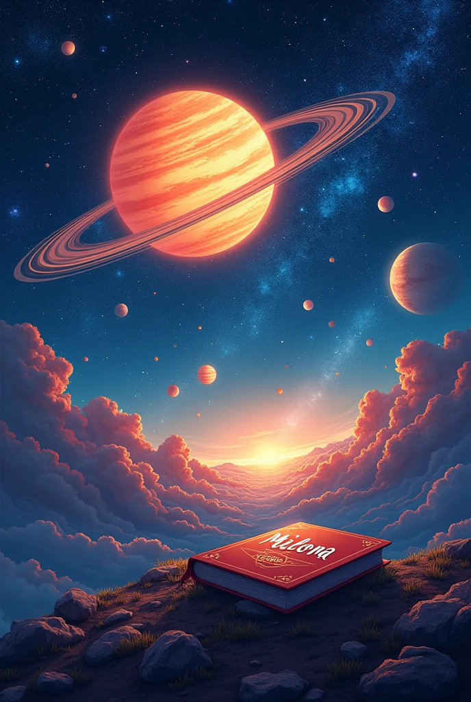 A logo with Milena's name on an anime-themed book with an image of a solar system