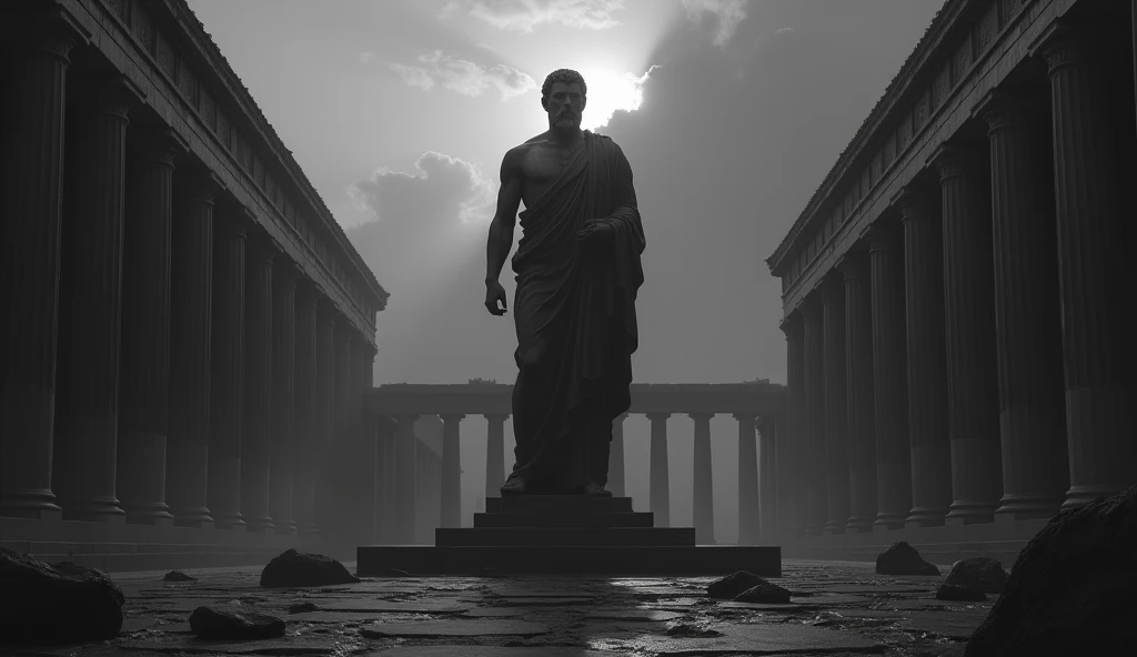 A dark landscape image of an ancient greek society deeply connected to stoicism, black and white, ancient greek architecture, include one single big statue of a stereotypical strong greek man, marcus aurelius --ar 16:9