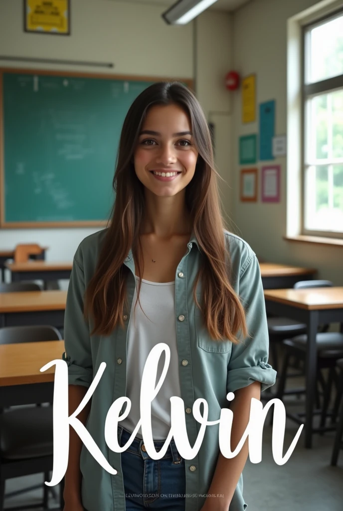 Create the phrase Kelvin in cursive letters with a school background with a student with not so dark skin and straight hair posing
