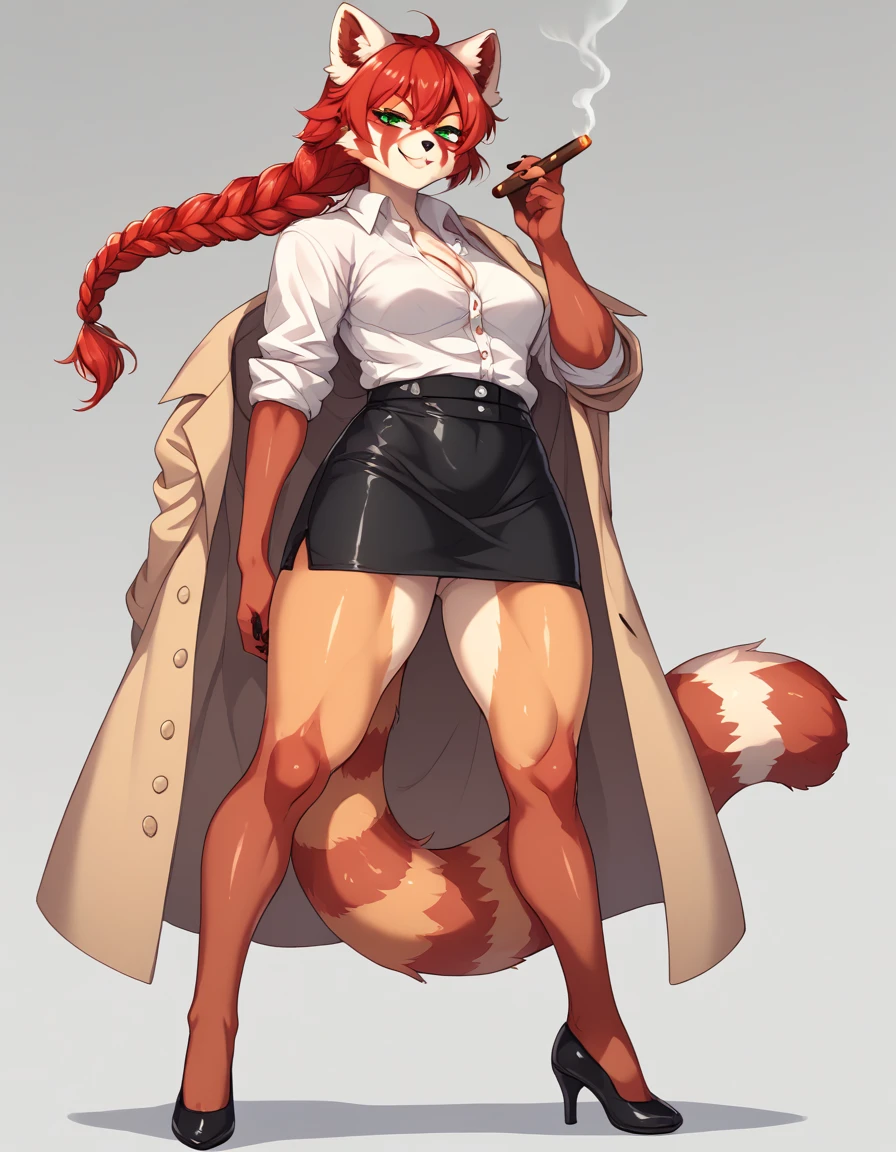 Solo, Score_9, score_8_up, score_7_up, kemono style, Kimiko, An Anthro furry red panda girl, red furry body, red panda tail, , black nose, red hair, braided hair, majestic, long legs, athletic arms and legs, green emerald eyes, toned legs, toned thighs, mid angle shot,, smug smirk, tan rain coat, investigator coat, long coat, loose tie, white dress shirt, opened buttons, rolled up sleeves, right arm steel gauntlet, visible legs, black skirt, black leather heels, armor on heels, knee guard, masterpiece, detailed face, coat fluttering in wing, coat loose around arms, holding cigar