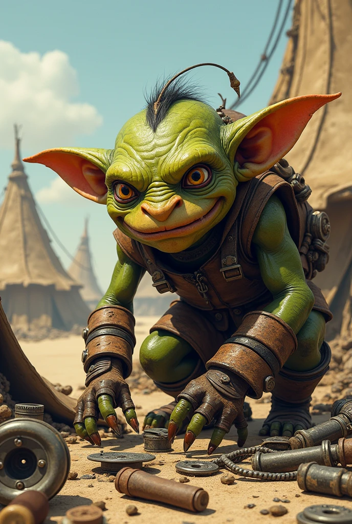 Goblin construtor, in the background small simple post-apocalyptic tents