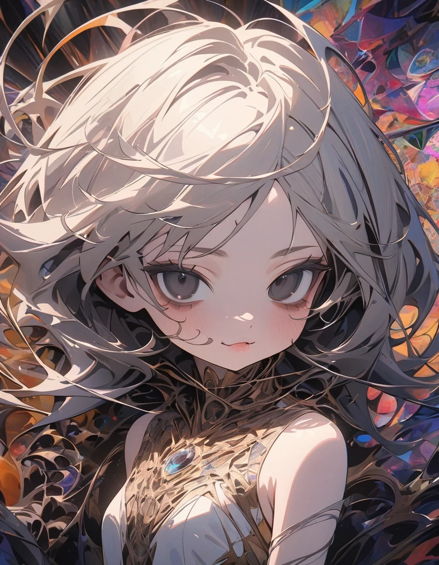 ((Masterpiece)), ((best quality)), ((wide shot)), (super detail:1.2), (High Definition:1.3), ((extremely detailed)), (8K), (Professional Photography:1.2), (very aesthetic:1.2), (absurdres:1.2), perfect anatomy, intricate details, (sharp focus), (perfect light), (drop shadow), ((1girl)), ((cute teenage girl)), (platinum-gold hair), portrait, small breasts, slim waist, black eyes, evil smile, Threads entwining arms, (body unraveling like a thin threads:1.4), (the most beautiful chaotic form), intricate, (Ancient thick collar), colorful background, flowers, (abstract art:1.3), (fractal structure:1.3),(cute cheeks), glossy lips, pouty lips, bags under the eyes, (lower eyelashes), (detailed background:1.2), spooky atmosphere, newest,clear line,