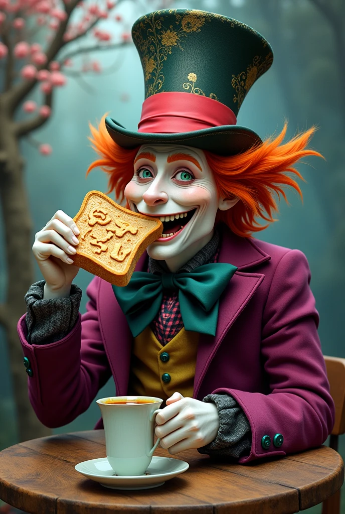 Image of the Mad Hatter drinking tea sideways with a toast inspired by the film