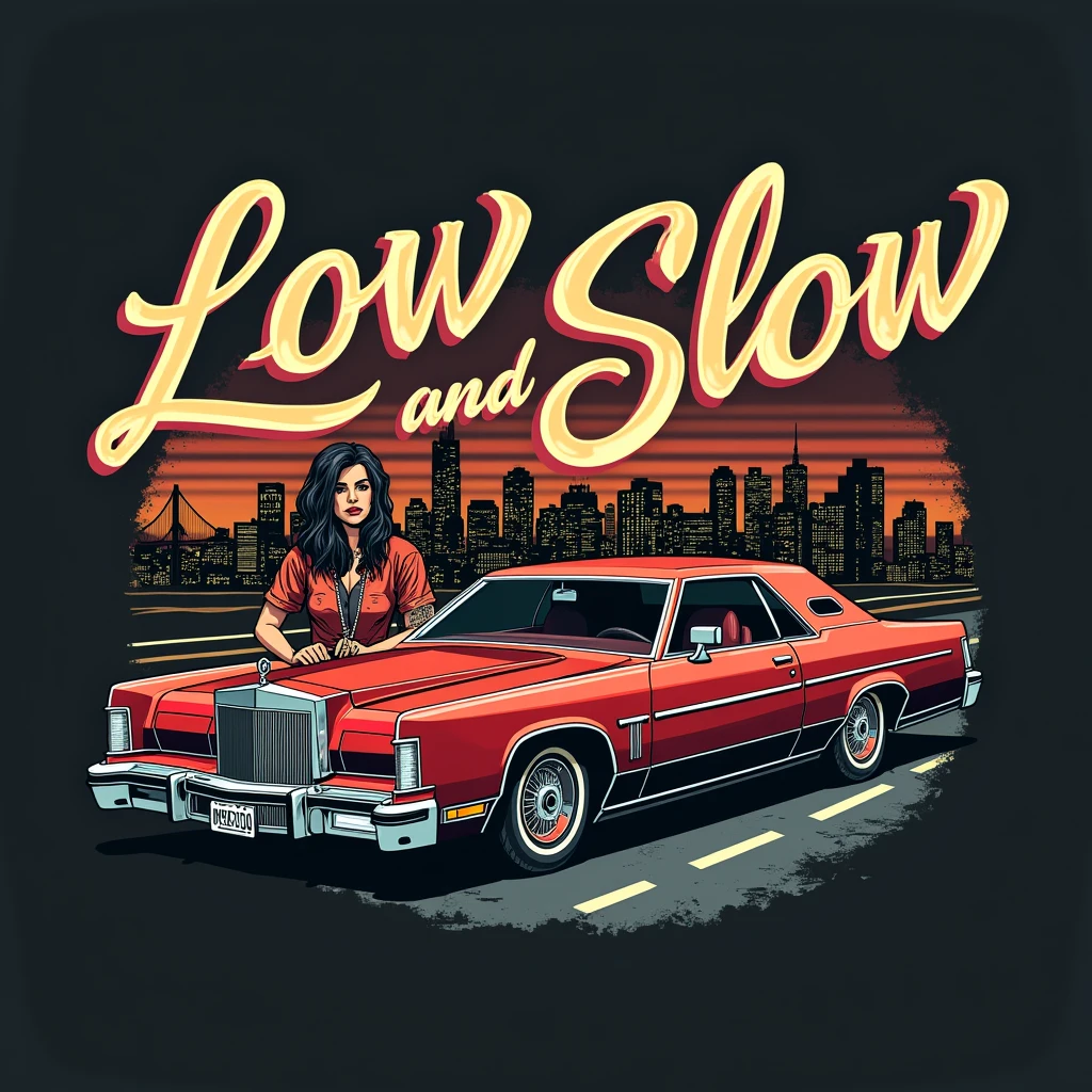 Design a logo for a t-shirt called "Low and Slow" vector style The text "Low and Slow" should be rendered in a stylized, cursive script with the words "Low" written in a larger, more prominent font, The logo should have low rider a red car 76 Lincoln Mark IV and a cartoon of a chicana gangster woman with a penedleton shirt and baggie pants low rider style, SF City on the background The overall aesthetic should be raw, edgy, and attention-grabbing, blending the worlds of street art and high-fashion, gangster style west coast gangster style